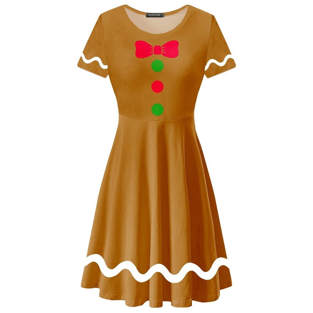 1895 Christmas Gingerbread Dress Short Sleeve Cute Knee Length Swing Dress